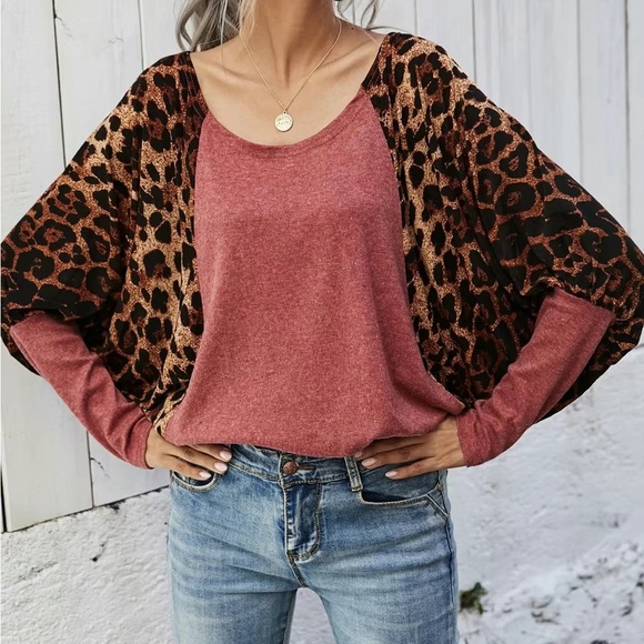 Casual Batwing Sleeve Drop Shoulder Leopard Print T-Shirts Women's Clothing - Picture 2 of 6